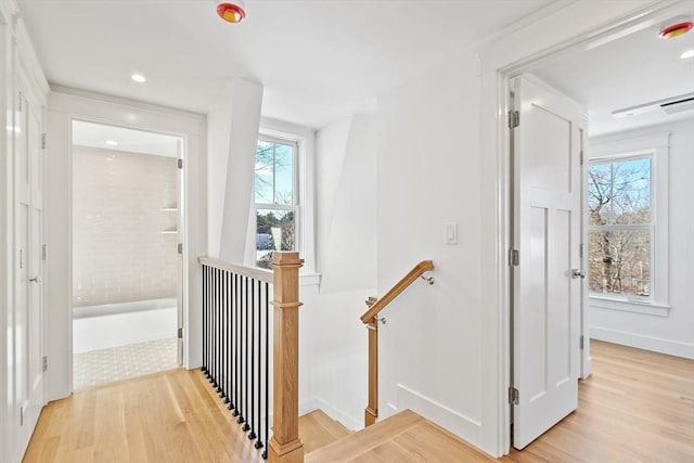 corridor featuring light wood-type flooring, an upstairs landing, and a healthy amount of sunlight