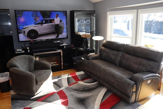 living room featuring wood-type flooring and vaulted ceiling