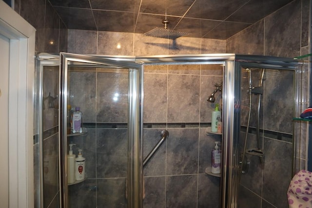 bathroom featuring a shower with door