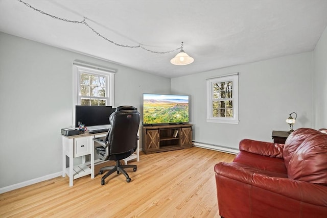 office space with light hardwood / wood-style flooring and a baseboard heating unit