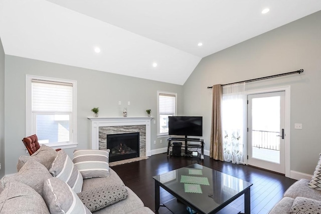 13 Birkdale Ln Unit 13, Hopkinton, MA 01748 - living room with dark wood-style floors, a stone fireplace, lofted ceiling, recessed lighting, and baseboards