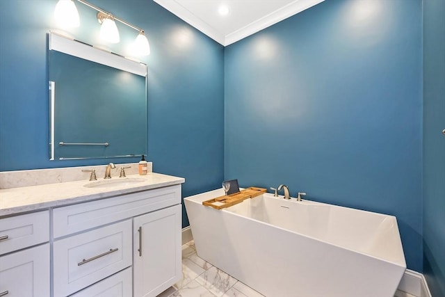 13 Birkdale Ln Unit 13, Hopkinton, MA 01748 - bathroom with marble look tiles, a freestanding tub, vanity, baseboards, and ornamental molding