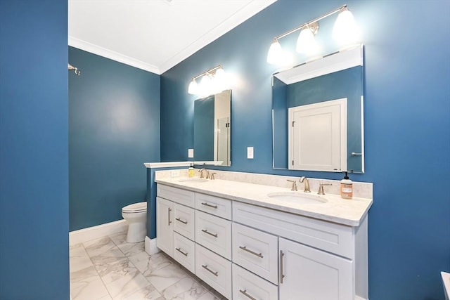 13 Birkdale Ln Unit 13, Hopkinton, MA 01748 - full bath featuring toilet, double vanity, marble look tiles, ornamental molding, and baseboards