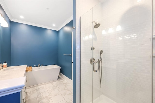 13 Birkdale Ln Unit 13, Hopkinton, MA 01748 - bathroom with crown molding, a freestanding tub, a shower stall, vanity, and marble look tiles