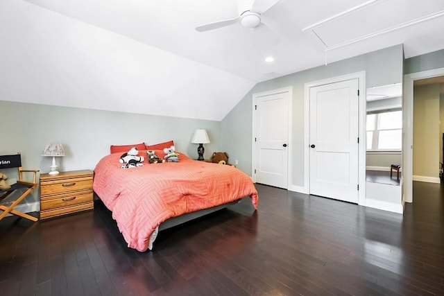 13 Birkdale Ln Unit 13, Hopkinton, MA 01748 - bedroom with hardwood / wood-style flooring, lofted ceiling, attic access, a ceiling fan, and baseboards