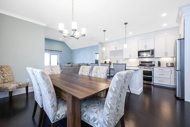 13 Birkdale Ln Unit 13, Hopkinton, MA 01748 - dining room with a chandelier, dark wood-style floors, recessed lighting, vaulted ceiling, and baseboards