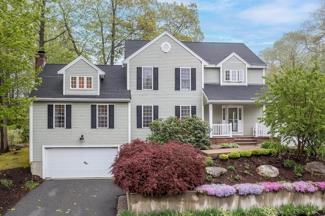 5 Lake Boon Dr, Hudson, MA 01749 - traditional-style house featuring a porch, an attached garage, a chimney, driveway, and a shingled roof
