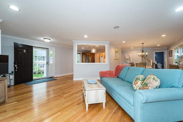 5 Lake Boon Dr, Hudson, MA 01749 - living area with light wood-style flooring, crown molding, a chandelier, recessed lighting, and baseboards