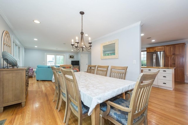 5 Lake Boon Dr, Hudson, MA 01749 - dining room with ornamental molding, recessed lighting, healthy amount of natural light, light wood finished floors, and a chandelier