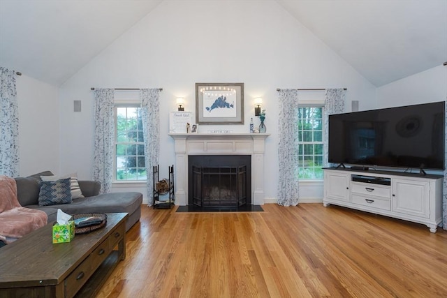 5 Lake Boon Dr, Hudson, MA 01749 - living room with high vaulted ceiling, light wood-style flooring, healthy amount of natural light, and a fireplace with flush hearth