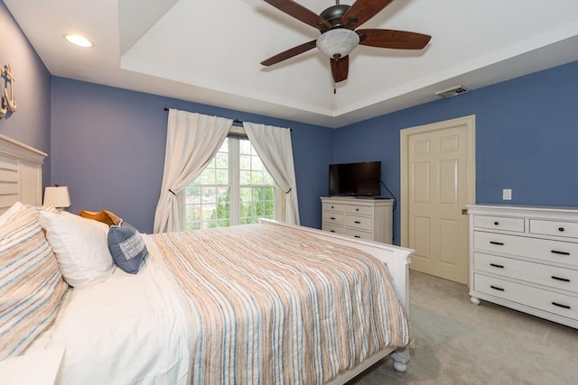 5 Lake Boon Dr, Hudson, MA 01749 - bedroom featuring light colored carpet, a raised ceiling, recessed lighting, and ceiling fan