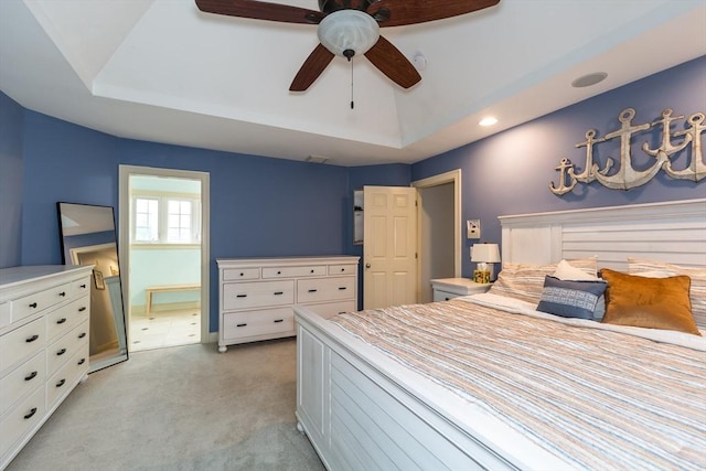 5 Lake Boon Dr, Hudson, MA 01749 - bedroom with a tray ceiling, light carpet, recessed lighting, and a ceiling fan