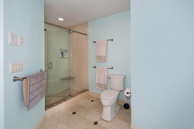 5 Lake Boon Dr, Hudson, MA 01749 - bathroom with baseboards, toilet, a shower stall, tile patterned flooring, and recessed lighting