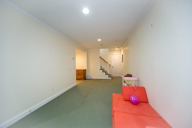 5 Lake Boon Dr, Hudson, MA 01749 - corridor featuring ornamental molding, stairway, carpet floors, recessed lighting, and baseboards