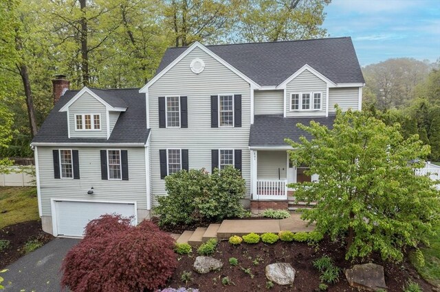 5 Lake Boon Dr, Hudson, MA 01749 - traditional-style home featuring a shingled roof, an attached garage, a chimney, and asphalt driveway