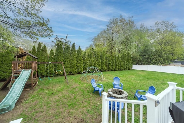 5 Lake Boon Dr, Hudson, MA 01749 - view of yard featuring a playground and an outdoor fire pit