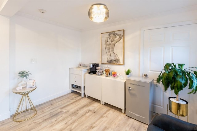 clothes washing area with ornamental molding and light hardwood / wood-style flooring