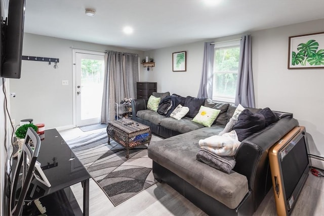 living room with light hardwood / wood-style flooring and a wealth of natural light