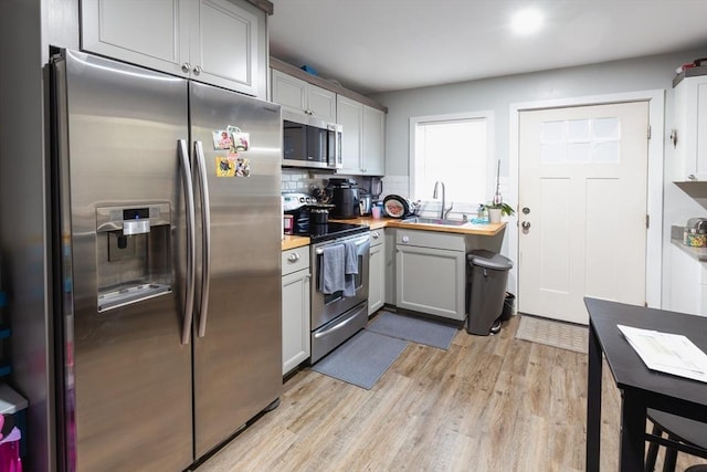 kitchen with sink, wooden counters, gray cabinets, stainless steel appliances, and decorative backsplash