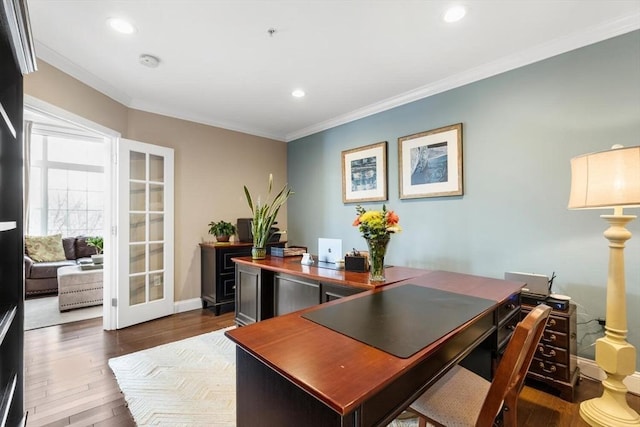 office featuring ornamental molding, recessed lighting, and dark wood-style floors