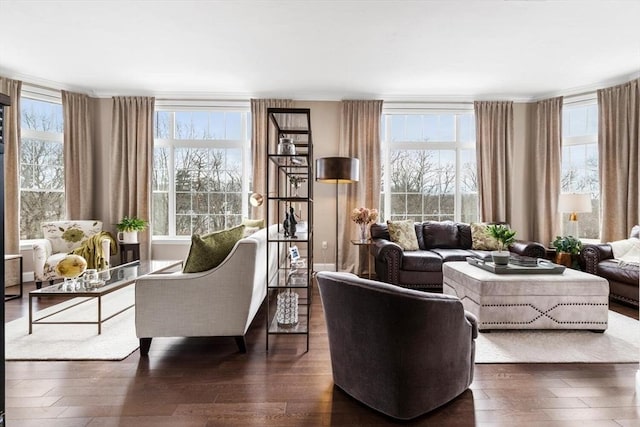 sitting room featuring ornamental molding and dark wood finished floors