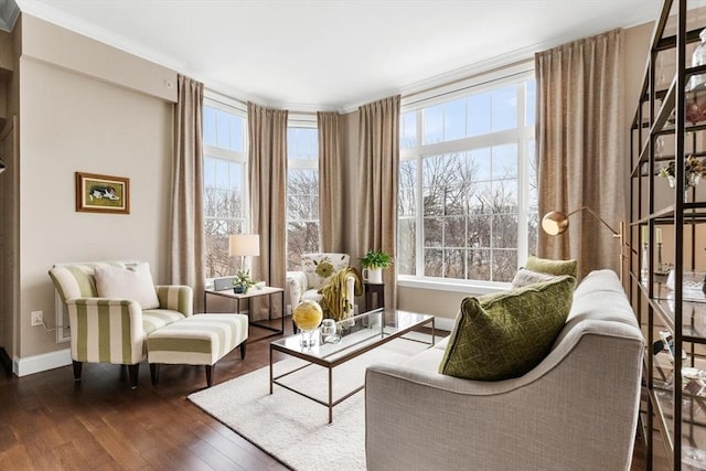 living area featuring dark wood-type flooring, plenty of natural light, and baseboards