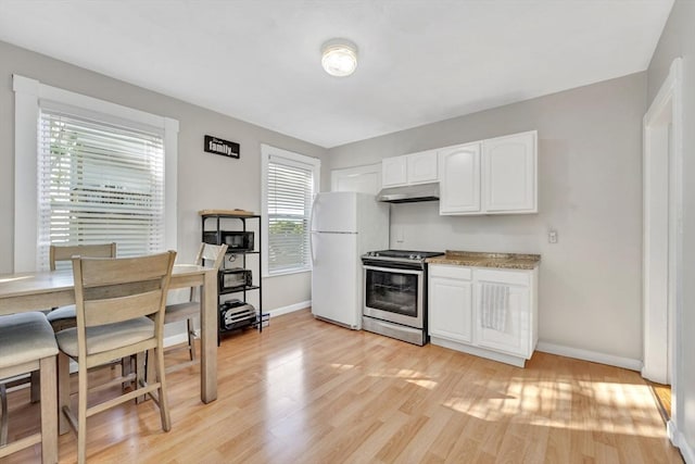 6-8 Carlton, Lynn, MA 01902 - kitchen with under cabinet range hood, freestanding refrigerator, stainless steel electric range oven, baseboards, and white cabinets