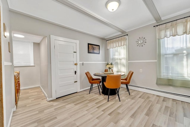 6-8 Carlton, Lynn, MA 01902 - dining area featuring beam ceiling, light wood-style flooring, baseboards, and baseboard heating