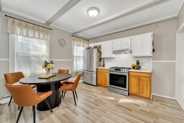 6-8 Carlton, Lynn, MA 01902 - kitchen with appliances with stainless steel finishes, under cabinet range hood, beam ceiling, tasteful backsplash, and light wood finished floors