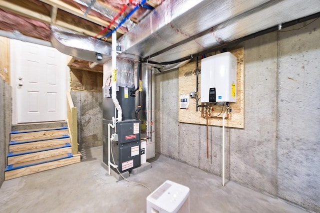 526 Old Warren Rd, Swansea, MA 02777 - unfinished basement with heating unit, tankless water heater, and stairs