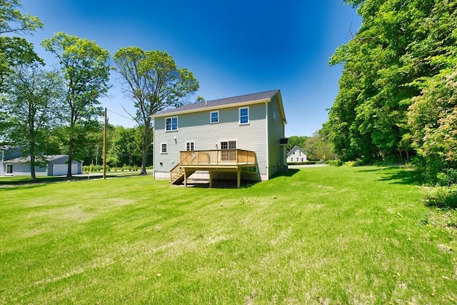 526 Old Warren Rd, Swansea, MA 02777 - rear view of property with stairs, a deck, and a lawn