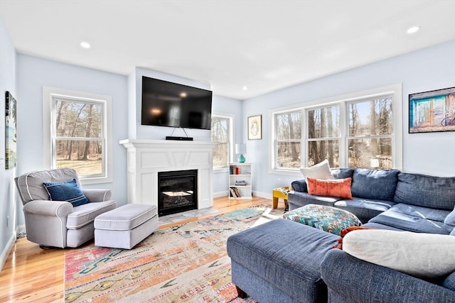 living room featuring baseboards, a fireplace with flush hearth, and light wood-style flooring
