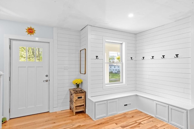 mudroom featuring recessed lighting, visible vents, and light wood-type flooring