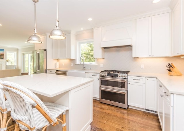 kitchen with stainless steel appliances, a sink, ornamental molding, premium range hood, and light wood-style flooring