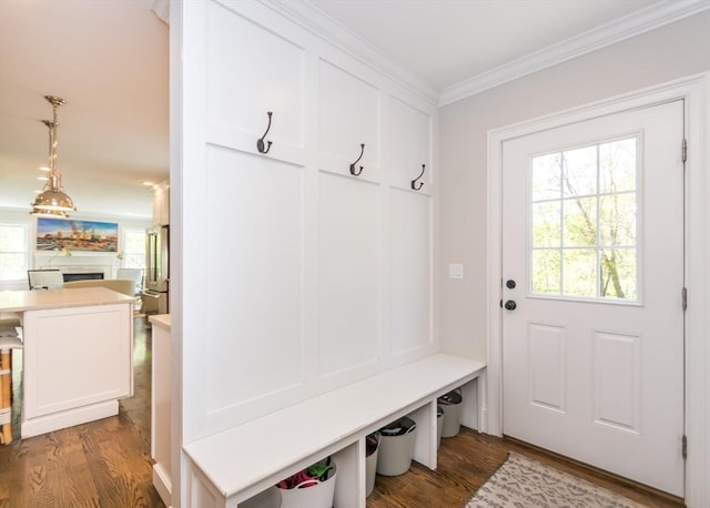 mudroom with crown molding, a fireplace, and wood finished floors