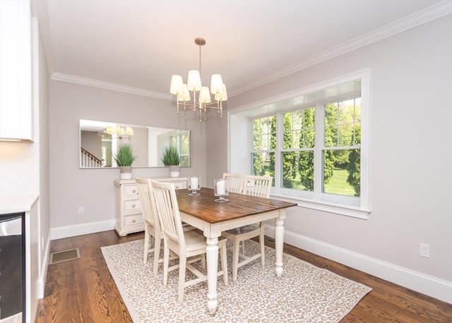 dining room featuring a chandelier, crown molding, wine cooler, baseboards, and dark wood finished floors