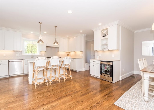 kitchen with dishwasher, beverage cooler, open shelves, ornamental molding, and light wood finished floors