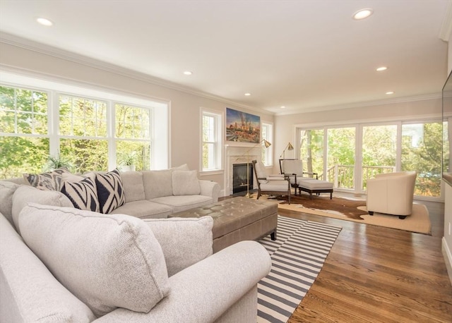 living room with plenty of natural light, a premium fireplace, wood finished floors, crown molding, and recessed lighting