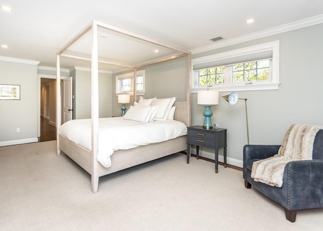 bedroom with crown molding, multiple windows, baseboards, and recessed lighting