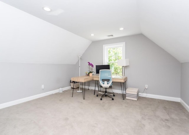 carpeted home office featuring vaulted ceiling, baseboards, and recessed lighting