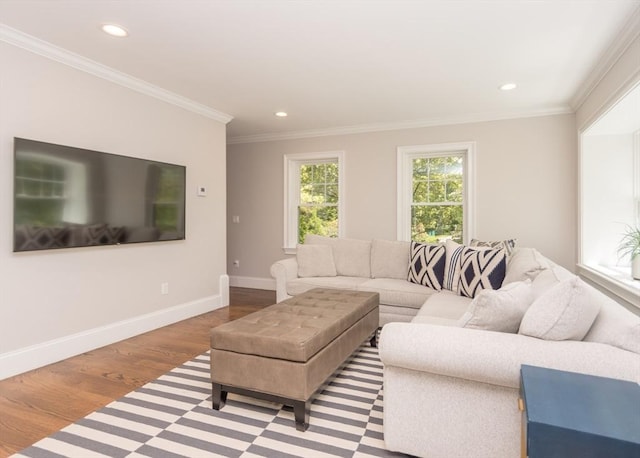 living area with wood finished floors, recessed lighting, baseboards, and ornamental molding