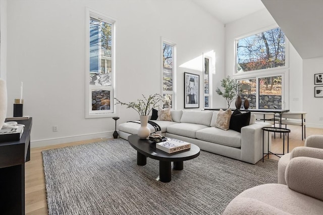 44 Robeson St Unit 44B, Boston, MA 02130 - living room featuring high vaulted ceiling, plenty of natural light, baseboards, and light wood-type flooring