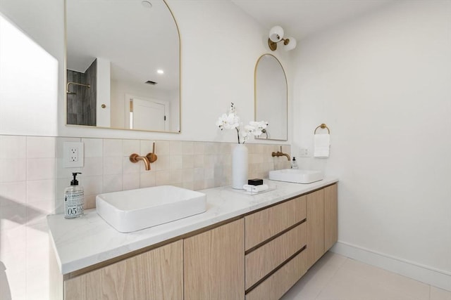 44 Robeson St Unit 44B, Boston, MA 02130 - full bathroom with tile patterned floors, double vanity, a tile shower, and backsplash