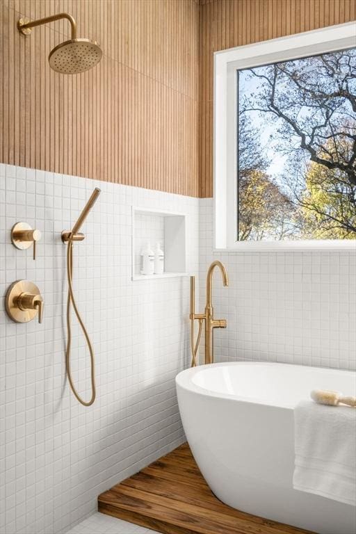 44 Robeson St Unit 44B, Boston, MA 02130 - full bath featuring tile walls, tiled shower, and a soaking tub