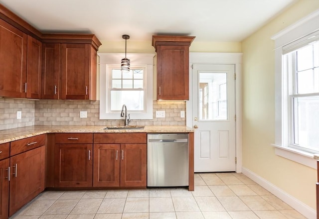 kitchen featuring a sink, decorative backsplash, plenty of natural light, and stainless steel dishwasher