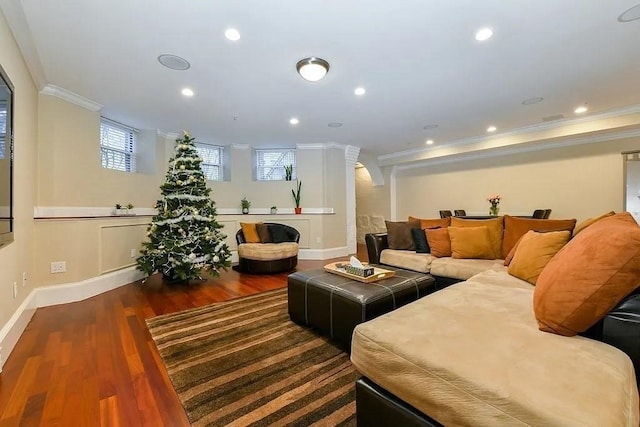 19 Bay State Rd Unit 1, Boston, MA 02215 - living room featuring ornamental molding, wood finished floors, baseboards, and recessed lighting