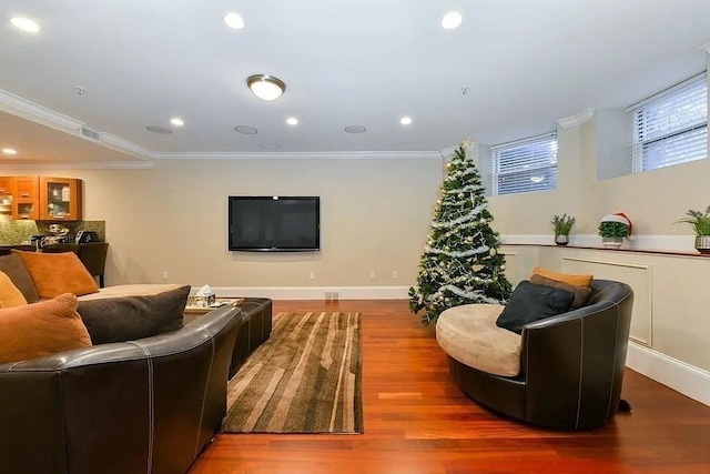 19 Bay State Rd Unit 1, Boston, MA 02215 - living area featuring wood finished floors, ornamental molding, recessed lighting, and baseboards