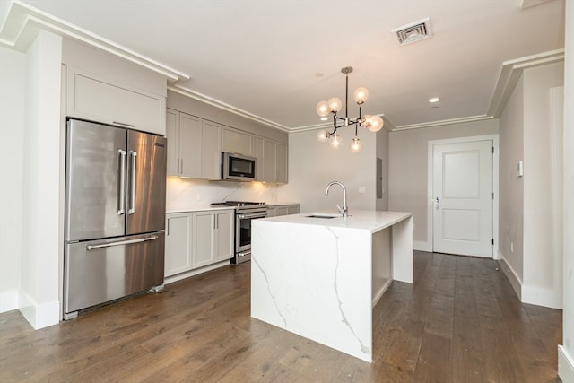 kitchen with backsplash, an island with sink, dark hardwood / wood-style floors, appliances with stainless steel finishes, and sink