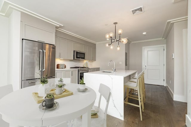 kitchen with sink, gray cabinetry, a kitchen island with sink, stainless steel appliances, and decorative light fixtures