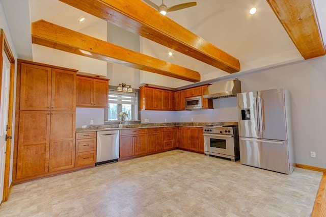 kitchen with brown cabinetry, range hood, lofted ceiling with beams, light floors, and stainless steel appliances